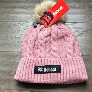 Bobcat Cable Knit,Sherpa lined pom-pom,cuffed beanie,winter hat,black patch logo